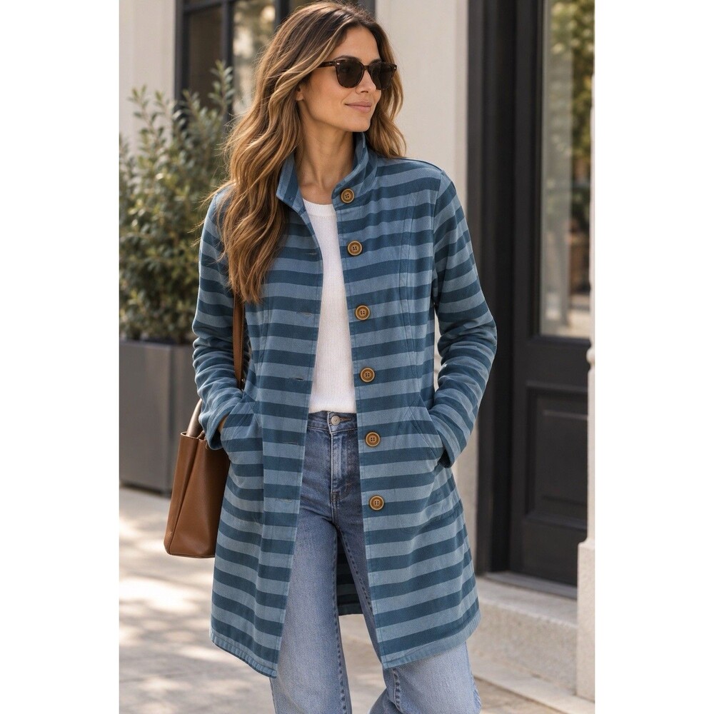 Matilda Jane Fall Breeze Womens L Blue Striped Peacoat Jacket Mock Neck Cotton